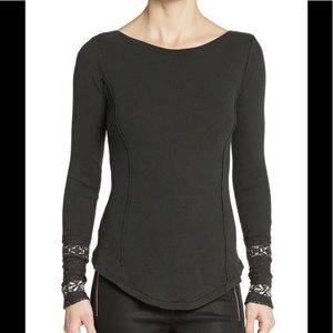 Free People Black Rosey Jaquard Cuff Thermal Tee